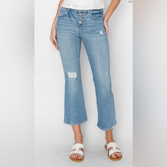 Stylish Distressed Blue Flare Jeans - Picture 5 of 7